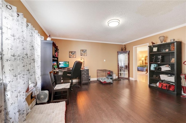 office space with a textured ceiling, wood finished floors, and crown molding