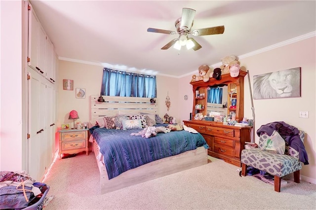 bedroom with light carpet, ceiling fan, and ornamental molding