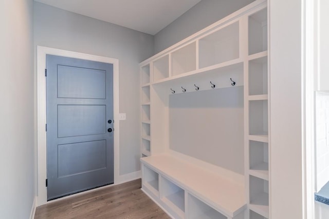 mudroom featuring baseboards and wood finished floors