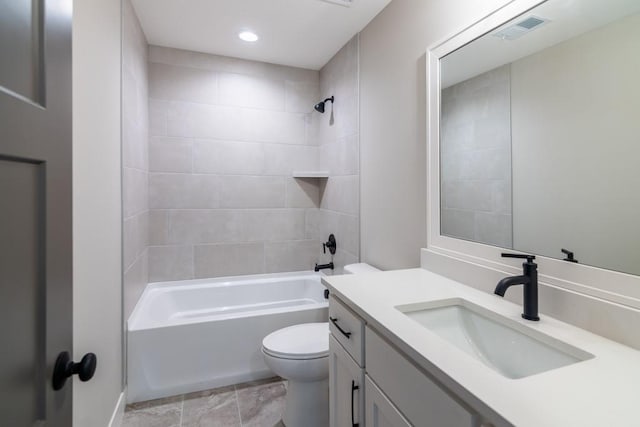 bathroom with recessed lighting, visible vents, toilet, tub / shower combination, and vanity