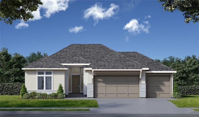 view of front of house with stucco siding, a shingled roof, concrete driveway, an attached garage, and a front lawn