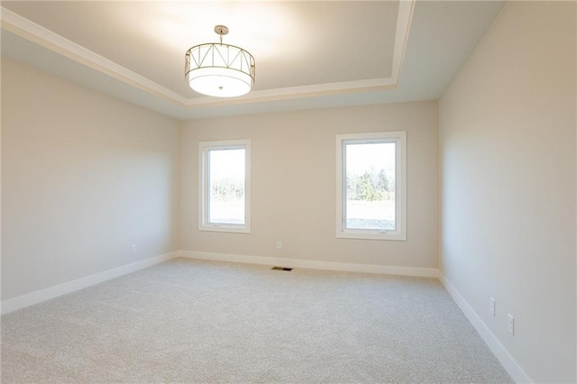 unfurnished room featuring carpet, a raised ceiling, visible vents, and baseboards