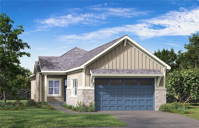 view of front of property featuring a front yard, a garage, board and batten siding, and stone siding