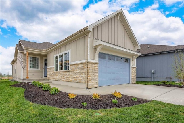 17372 S Kaw St, Olathe, KS 66062 - view of side of home featuring board and batten siding, stone siding, a garage, concrete driveway, and roof with shingles