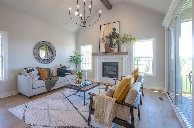 17372 S Kaw St, Olathe, KS 66062 - living area with wood finished floors, a glass covered fireplace, baseboards, high vaulted ceiling, and beamed ceiling