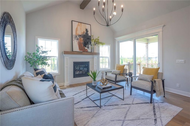 17372 S Kaw St, Olathe, KS 66062 - living area featuring a chandelier, wood finished floors, baseboards, a glass covered fireplace, and high vaulted ceiling