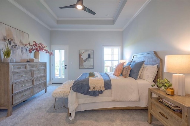 17372 S Kaw St, Olathe, KS 66062 - bedroom featuring a tray ceiling, multiple windows, carpet floors, access to exterior, and crown molding