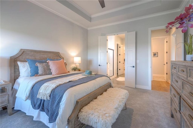 17372 S Kaw St, Olathe, KS 66062 - bedroom with a tray ceiling, light carpet, ornamental molding, and a ceiling fan