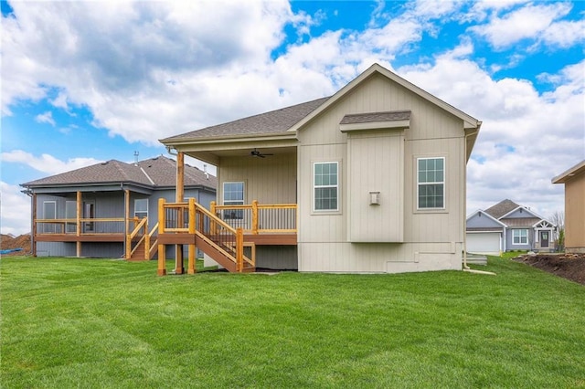 17372 S Kaw St, Olathe, KS 66062 - rear view of house with stairs, ceiling fan, a wooden deck, and a lawn