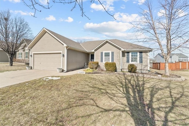 ranch-style home featuring an attached garage, fence, concrete driveway, and a front yard