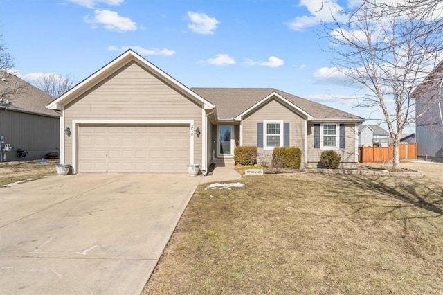 ranch-style home featuring a garage, driveway, a front lawn, and fence