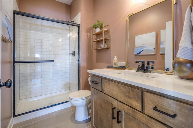 bathroom featuring vanity, tile patterned flooring, a shower stall, and toilet