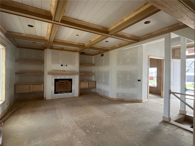 12604 W 170th St, Overland Park, KS 66221 - unfurnished living room with a fireplace, coffered ceiling, and beamed ceiling
