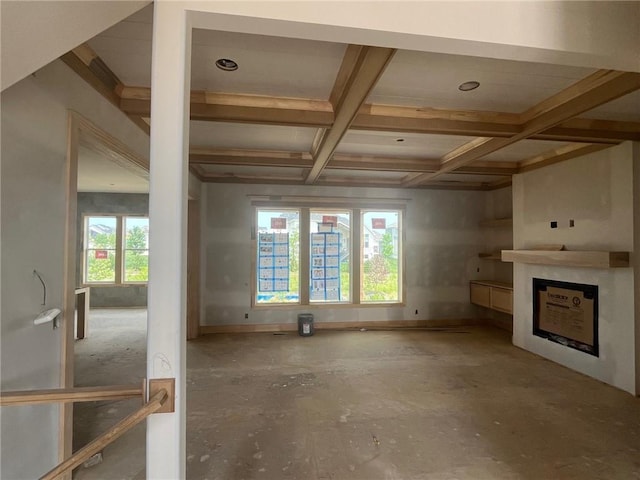 12604 W 170th St, Overland Park, KS 66221 - unfurnished living room with a fireplace, coffered ceiling, beamed ceiling, and recessed lighting