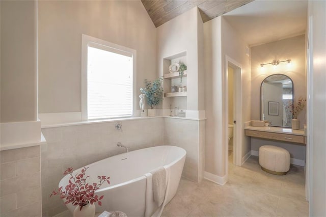 12604 W 170th St, Overland Park, KS 66221 - bathroom with a soaking tub, tile patterned flooring, vaulted ceiling, and wood ceiling