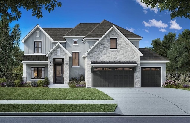 12604 W 170th St, Overland Park, KS 66221 - modern farmhouse style home featuring stone siding, a front yard, a garage, concrete driveway, and board and batten siding
