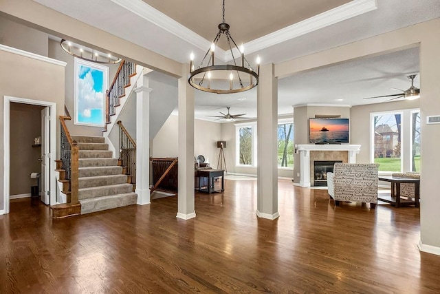 entryway with dark wood-style floors, a fireplace, a raised ceiling, and a wealth of natural light