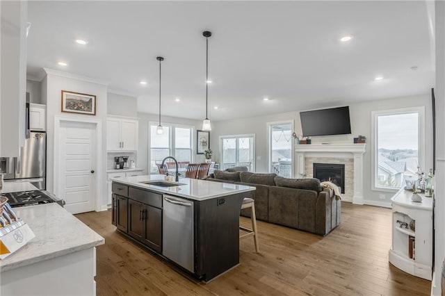 kitchen with a fireplace, wood finished floors, a sink, white cabinets, and appliances with stainless steel finishes