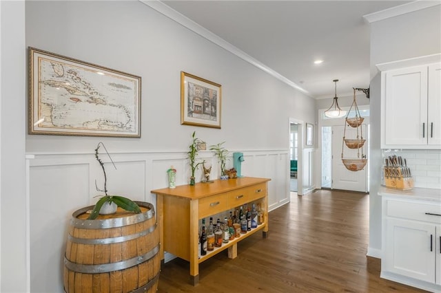 interior space featuring a wainscoted wall, dark wood-style flooring, crown molding, and a decorative wall