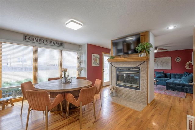 dining room featuring light wood-style floors, a healthy amount of sunlight, and a tiled fireplace