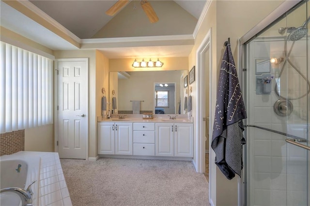 bathroom featuring lofted ceiling, ornamental molding, a sink, and a shower stall