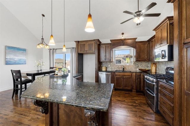 kitchen featuring dark wood finished floors, tasteful backsplash, lofted ceiling, appliances with stainless steel finishes, and a sink