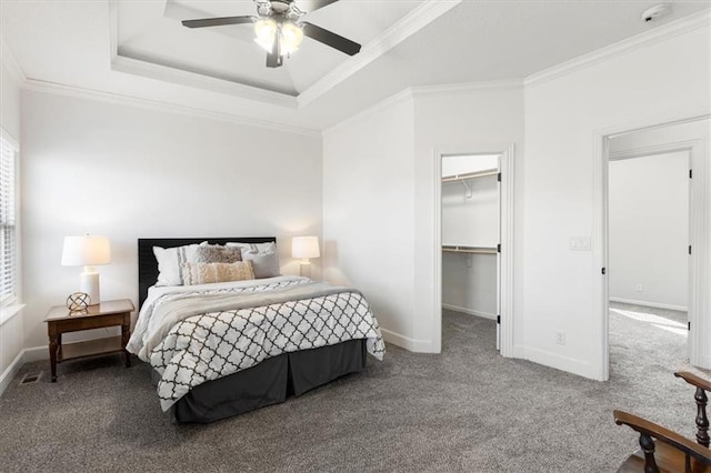 bedroom featuring ornamental molding, a tray ceiling, a walk in closet, and baseboards