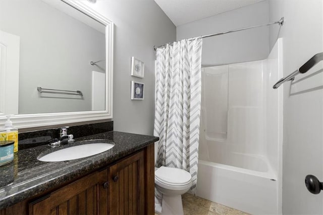 bathroom with toilet, shower / tub combo with curtain, and vanity