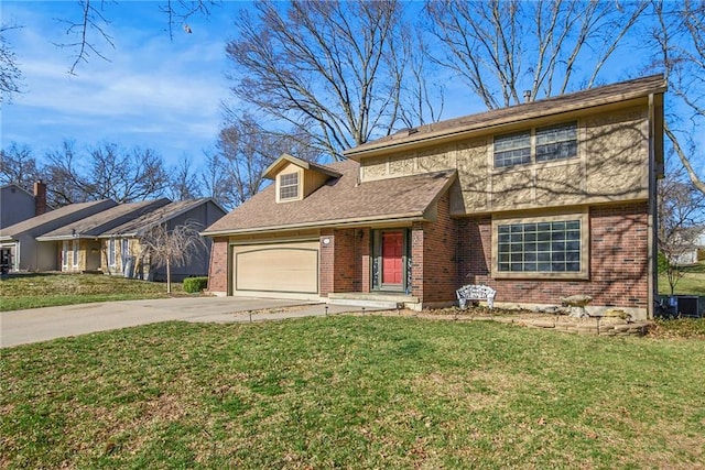 view of front of house with a front lawn, cooling unit, concrete driveway, an attached garage, and brick siding