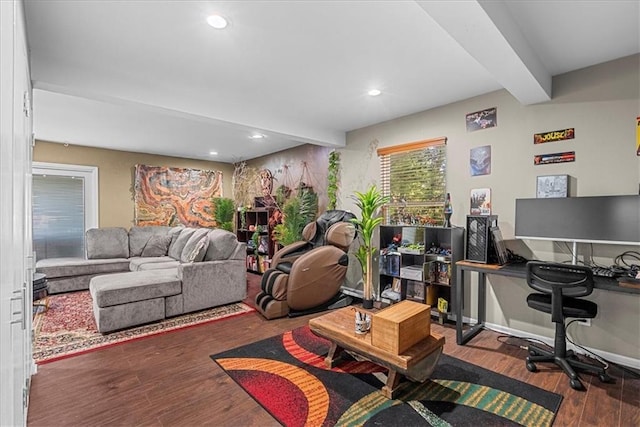 living room with recessed lighting, beamed ceiling, and wood finished floors