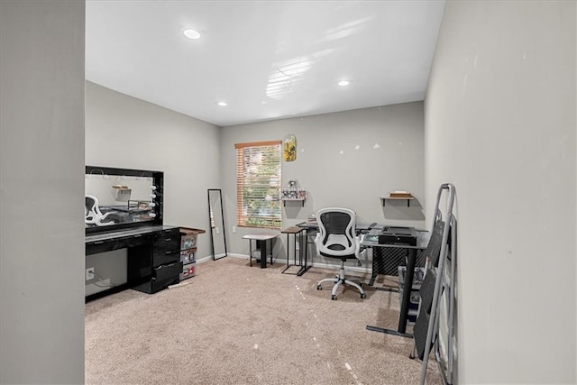 carpeted office space featuring baseboards and recessed lighting