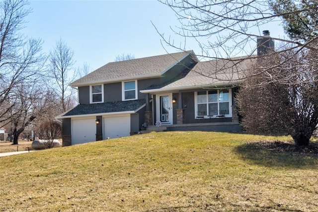 split level home with a shingled roof, a front lawn, stucco siding, a chimney, and a garage