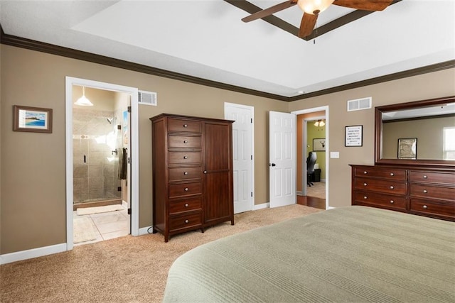 bedroom featuring visible vents, light carpet, baseboards, and ornamental molding