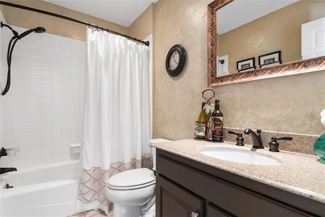 full bath featuring a textured wall, toilet, vanity, and shower / bath combination with curtain