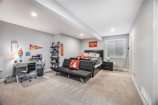 carpeted bedroom with baseboards, visible vents, and recessed lighting