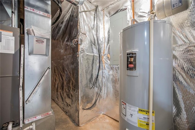 utility room with electric water heater and heating unit