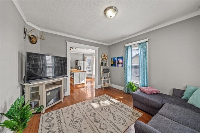 living area featuring a textured ceiling, baseboards, wood finished floors, and crown molding