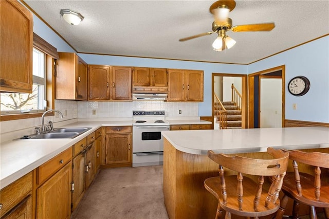 kitchen featuring white electric stove, brown cabinets, under cabinet range hood, and a sink