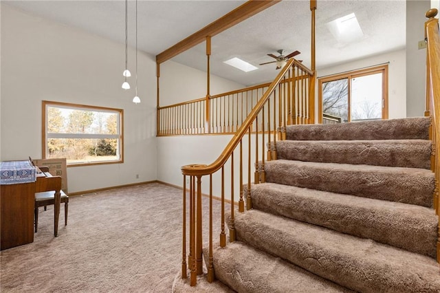 stairway featuring carpet floors, plenty of natural light, and a skylight