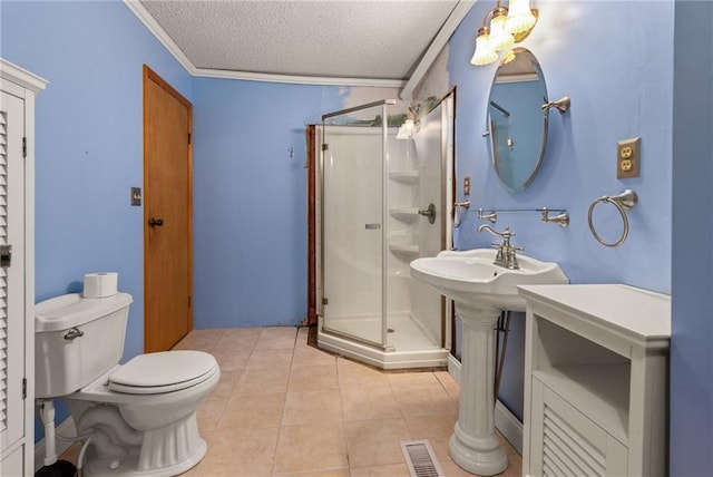 full bathroom with visible vents, a stall shower, tile patterned flooring, a textured ceiling, and toilet