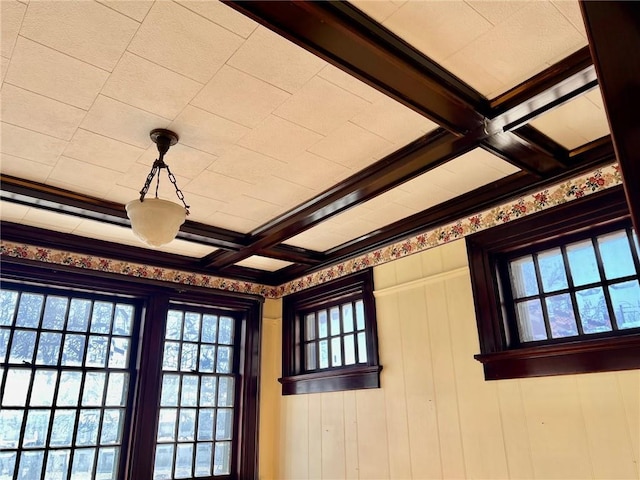 details with beamed ceiling and coffered ceiling