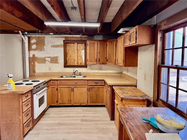 kitchen with a sink, beam ceiling, white range with electric stovetop, light wood finished floors, and brown cabinetry