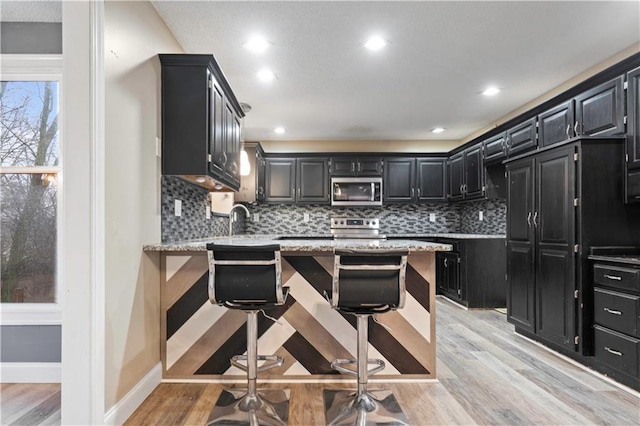 kitchen featuring tasteful backsplash, light wood-style flooring, appliances with stainless steel finishes, dark cabinets, and a peninsula