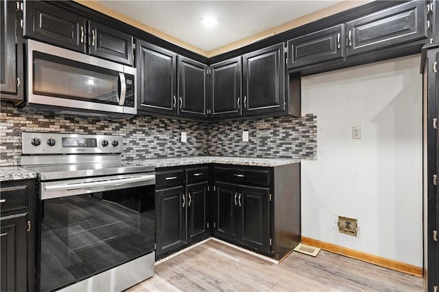 kitchen with light wood finished floors, baseboards, stainless steel appliances, dark cabinetry, and backsplash