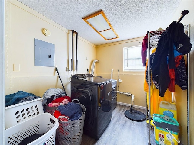 clothes washing area with washer and clothes dryer, a textured ceiling, wood finished floors, laundry area, and electric panel