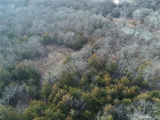 birds eye view of property featuring a wooded view