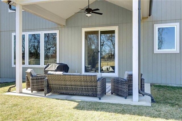 view of patio with grilling area and a ceiling fan