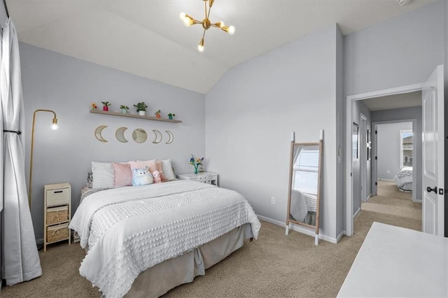 carpeted bedroom with vaulted ceiling, a notable chandelier, and baseboards