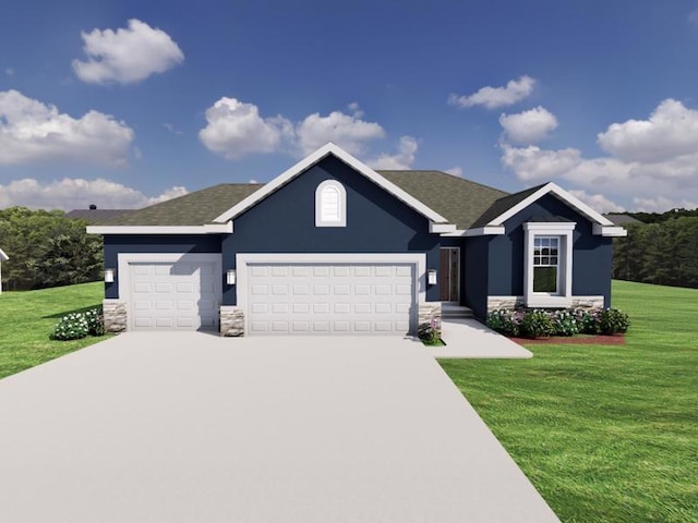 ranch-style home featuring an attached garage, concrete driveway, stone siding, stucco siding, and a front lawn