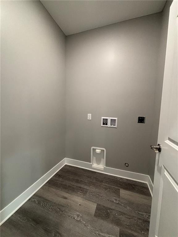 laundry room with baseboards, dark wood finished floors, laundry area, electric dryer hookup, and washer hookup